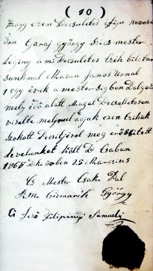 1868 György Garay's letter of independent working as a furrier-assistant