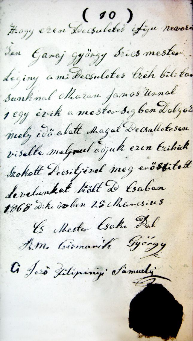 1868 György Garay's letter of independent working as a furrier-assistant 1868 György Garay's letter of independent working as a furrier-assistant